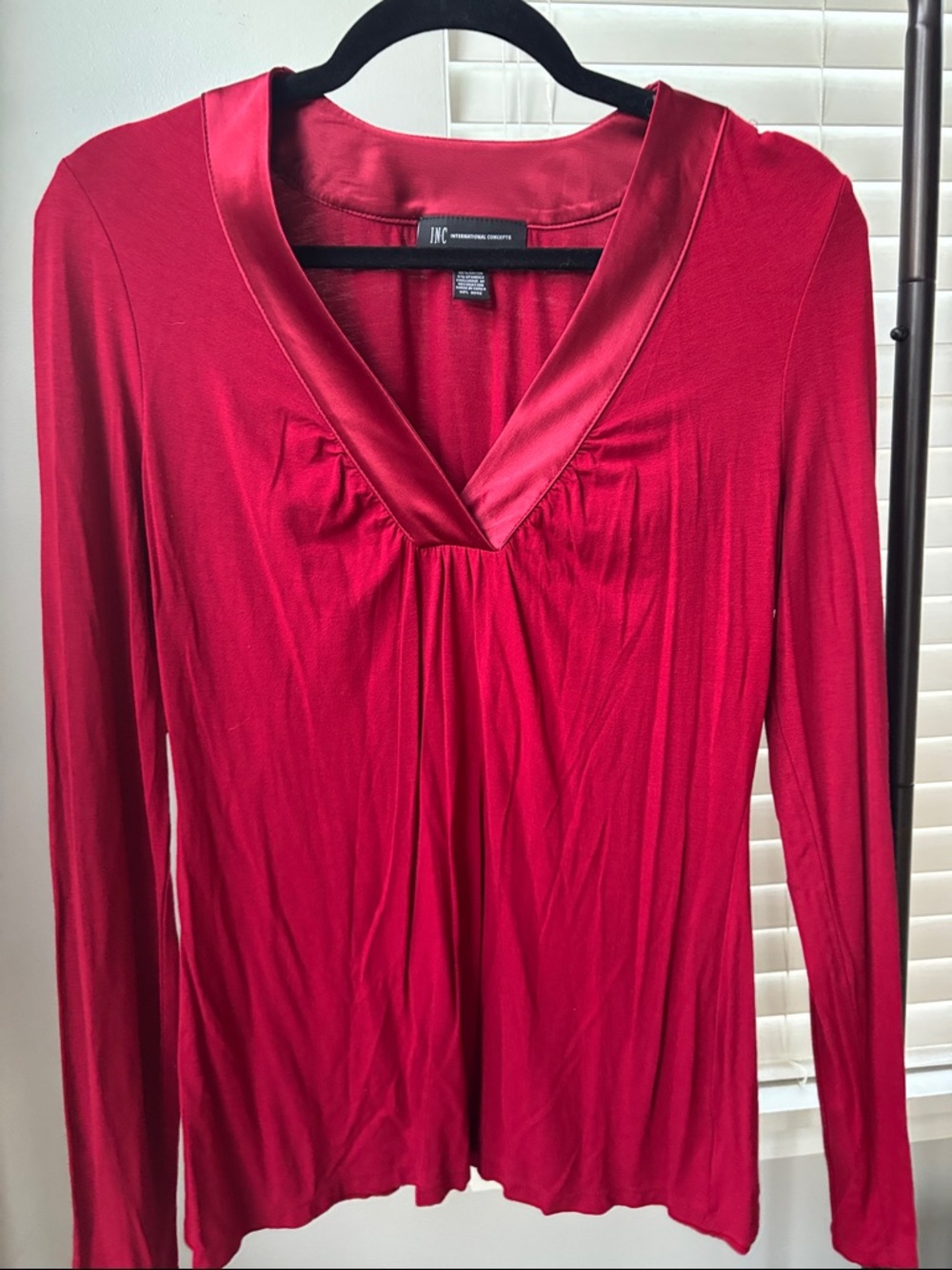 INC International Concepts Bright Red Satin-Trim V-Neck Long Sleeve Top